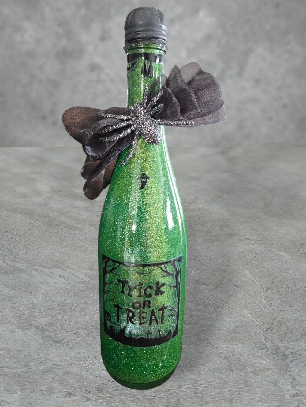 Handcrafted Halloween "Spell" Trick or Treat Decorative Wine Bottle
